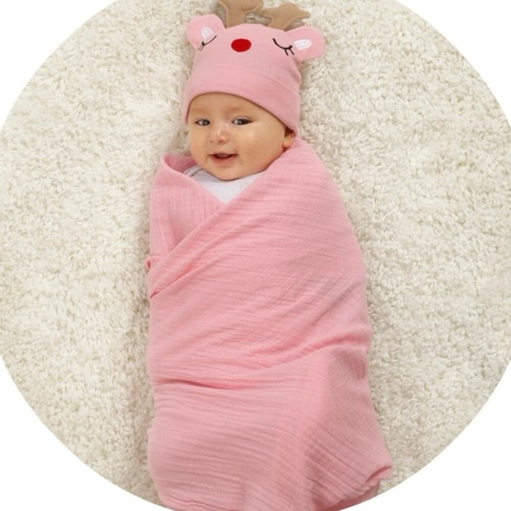 Parents Choice Pink Reindeer Xmas Swaddle Set, Swaddle Baby Blanket and Beanie